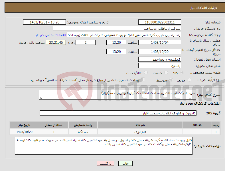 تصویر کوچک آگهی نیاز انتخاب تامین کننده-خرید شرکت ارتباطات زیر ساخت استان کهگیلویه و. بویر احمد(ابزار)