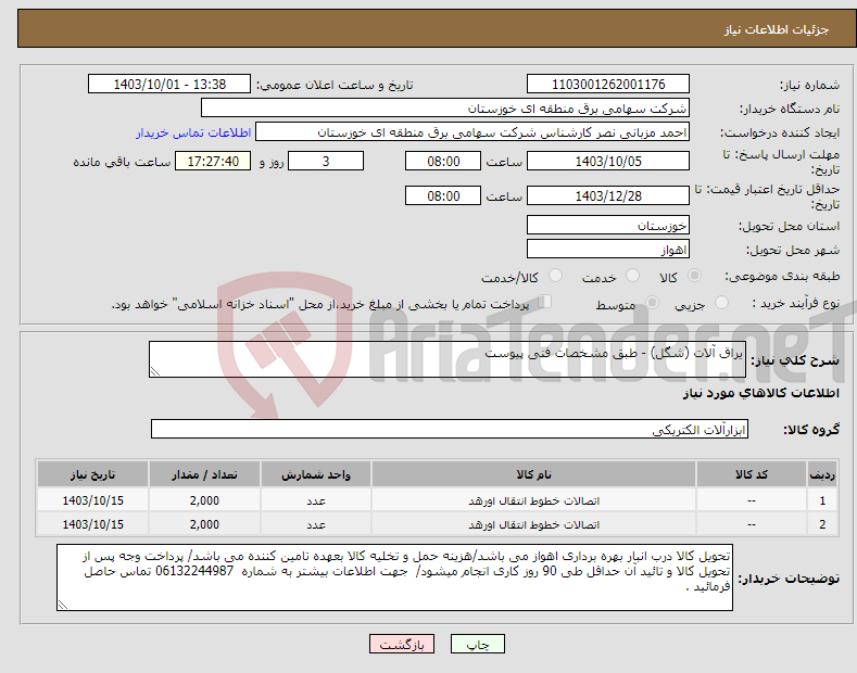 تصویر کوچک آگهی نیاز انتخاب تامین کننده-یراق آلات (شگل) - طبق مشخصات فنی پیوست