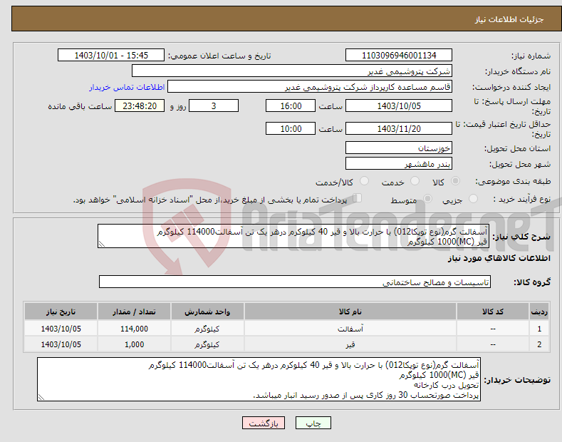 تصویر کوچک آگهی نیاز انتخاب تامین کننده-آسفالت گرم(نوع توپکا012) با حرارت بالا و قیر 40 کیلوکرم درهر یک تن آسفالت114000 کیلوگرم قیر (MC)1000 کیلوگرم