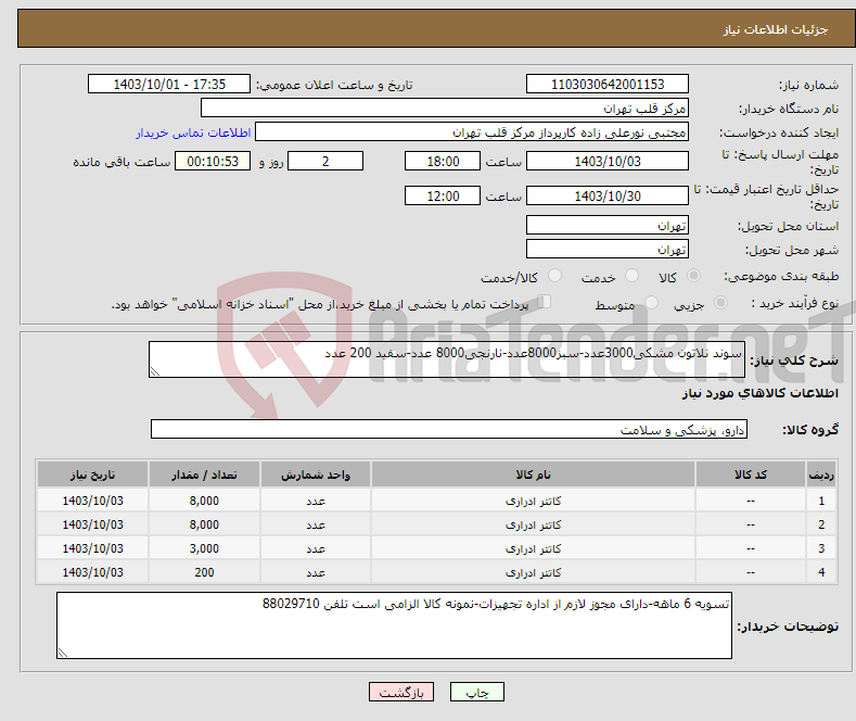 تصویر کوچک آگهی نیاز انتخاب تامین کننده-سوند نلاتون مشکی3000عدد-سبز8000عدد-نارنجی8000 عدد-سفید 200 عدد