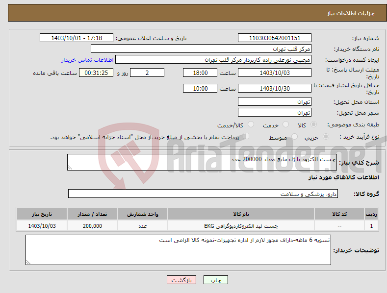تصویر کوچک آگهی نیاز انتخاب تامین کننده-چست الکترود با ژل مایع تعداد 200000 عدد