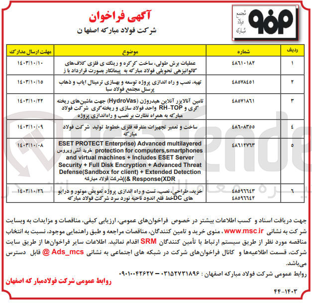 تصویر کوچک آگهی تامین آنالایزر آنلاین هیدروژن (Hydrovas) جهت ماشین های ریخته گری و RH-TOP واحد فولادسازی و ریخته گری شرکت فولاد مبارکه به همراه نظارت بر نصب و راه اندازی پروژه