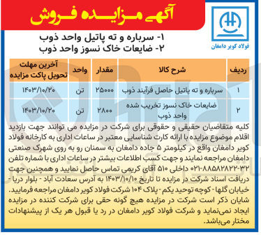 تصویر کوچک آگهی  فروش : 1- سرباره و ته پاتیل واحد ذوب 2- ضایعات خاک نسوز واحد ذوب
