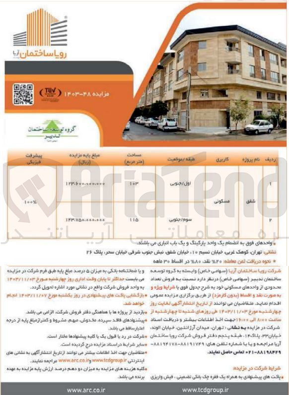 تصویر کوچک آگهی فروش تعداد محدودی از واحد های مسکونی در دو ردیف 