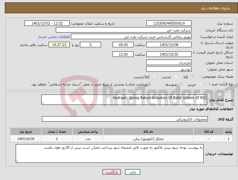 تصویر کوچک آگهی نیاز انتخاب تامین کننده-Hydraulic Spring Return Actuators Of Ballst System Of RIG