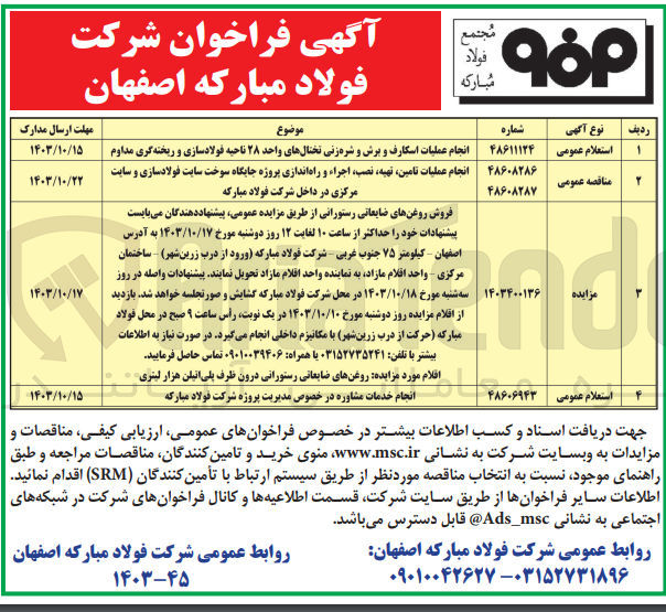 تصویر کوچک آگهی انجام  عملیات تامین ،تهیه ،نص ،اجرا و راه اندازی پروژه جایگاه سوت سایت فولاد سازی و سایت مرکزی در داخل شرکت فولاد مبارکه 