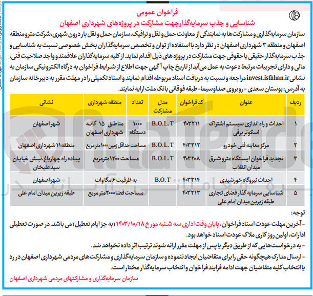 تصویر کوچک آگهی احداث و راه اندازی سیستم اشتراک اسکوتر برقی به روش مشارکت b.o.l.t