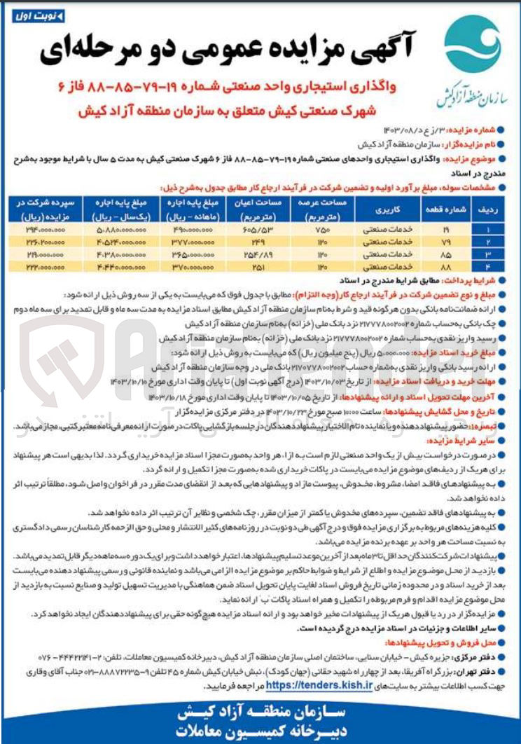 تصویر کوچک آگهی واگذاری استیجاری واحد صنعتی شماره 19-79-85-88 فاز شهرک صنعتی کیش متعلق به سازمان منطقه آزاد کیش 