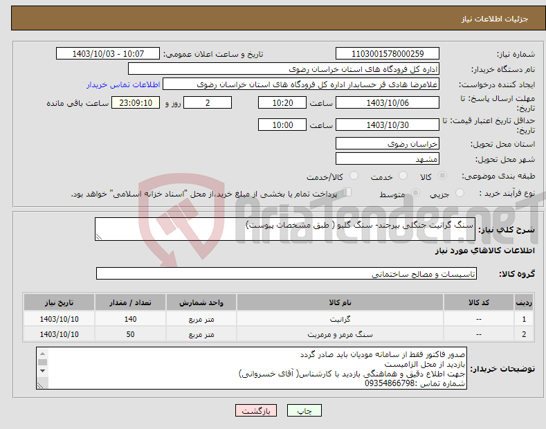 تصویر کوچک آگهی نیاز انتخاب تامین کننده-سنگ گرانیت جنگلی بیرجند- سنگ گلبو ( طبق مشخصات پیوست)