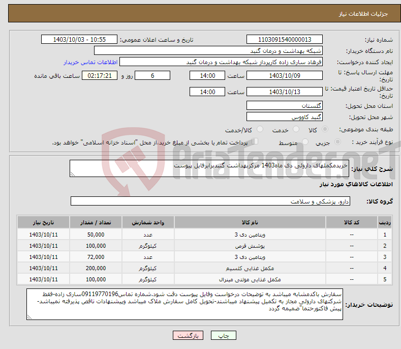 تصویر کوچک آگهی نیاز انتخاب تامین کننده-خریدمکملهای داروئی دی ماه1403 مرکزبهداشت گنبدبرابرفایل پیوست