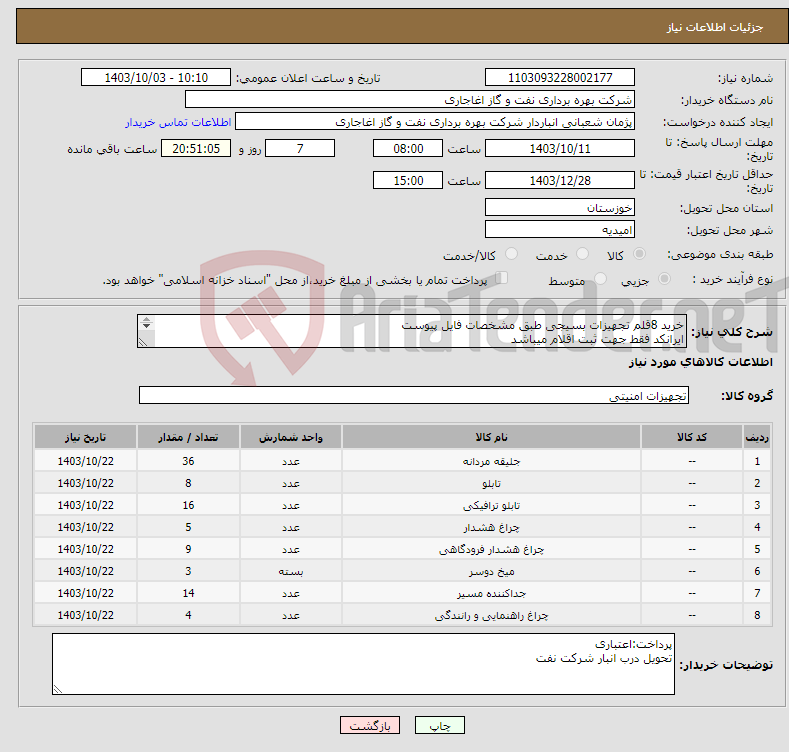 تصویر کوچک آگهی نیاز انتخاب تامین کننده-خرید 8قلم تجهیزات بسیجی طبق مشخصات فایل پیوست ایرانکد فقط جهت ثبت اقلام میباشد بعد از اعلام به برنده ارائه نمونه الزامیست