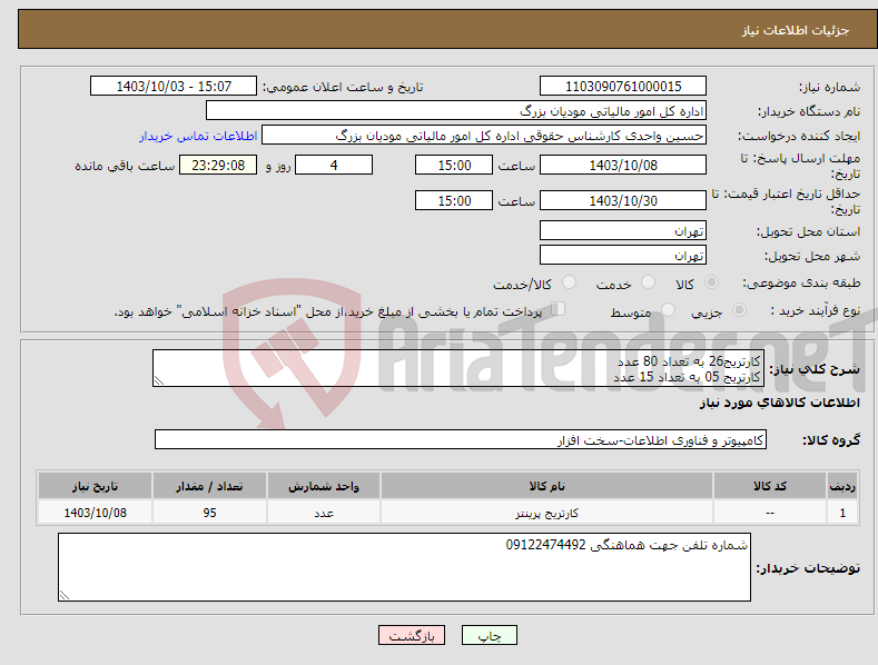 تصویر کوچک آگهی نیاز انتخاب تامین کننده-کارتریج26 به تعداد 80 عدد کارتریج 05 به تعداد 15 عدد
