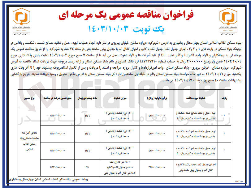 تصویر کوچک آگهی تهیه ، حمل و تخلیه مصالح شسته ، شکسته و بادامی در بچینگ بنیاد مسکن در پارت ۲
