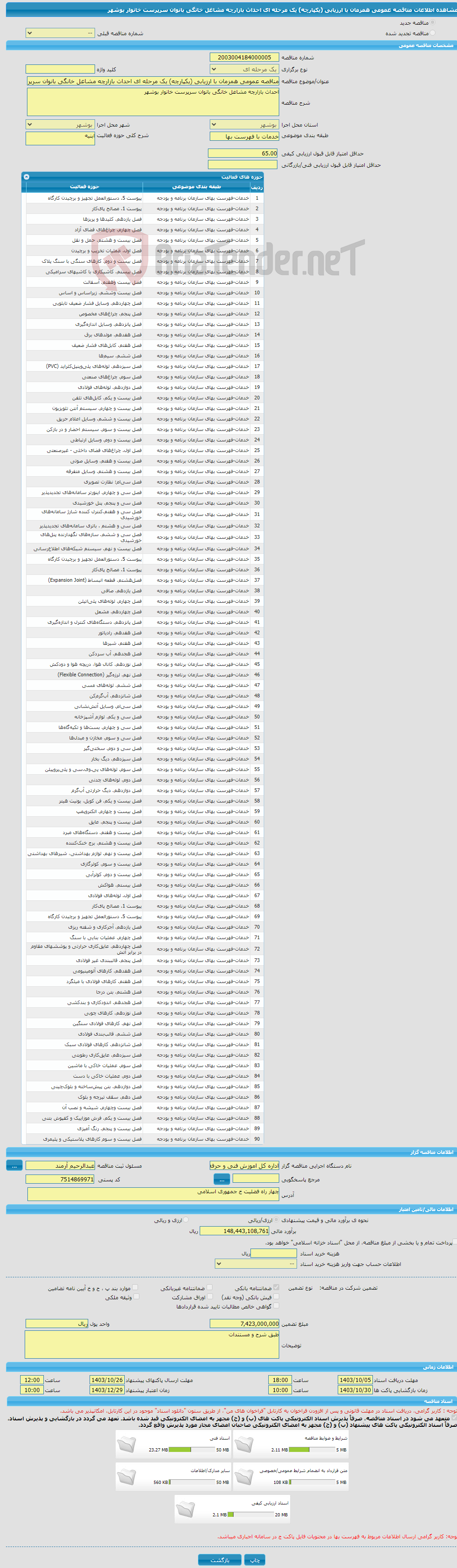 تصویر کوچک آگهی مناقصه عمومی همزمان با ارزیابی (یکپارچه) یک مرحله ای احداث بازارچه مشاغل خانگی بانوان سرپرست خانوار بوشهر