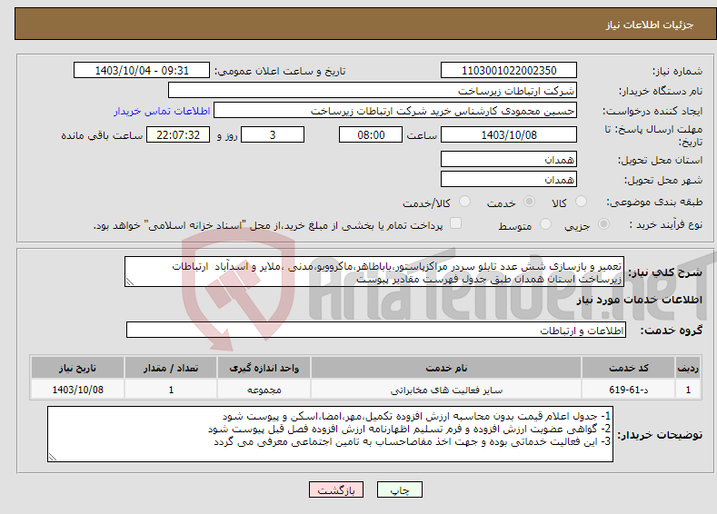 تصویر کوچک آگهی نیاز انتخاب تامین کننده-تعمیر و بازسازی شش عدد تابلو سردر مراکزپاستور،باباطاهر،ماکروویو،مدنی ،ملایر و اسدآباد ارتباطات زیرساخت استان همدان طبق جدول فهرست مقادیر پیوست 