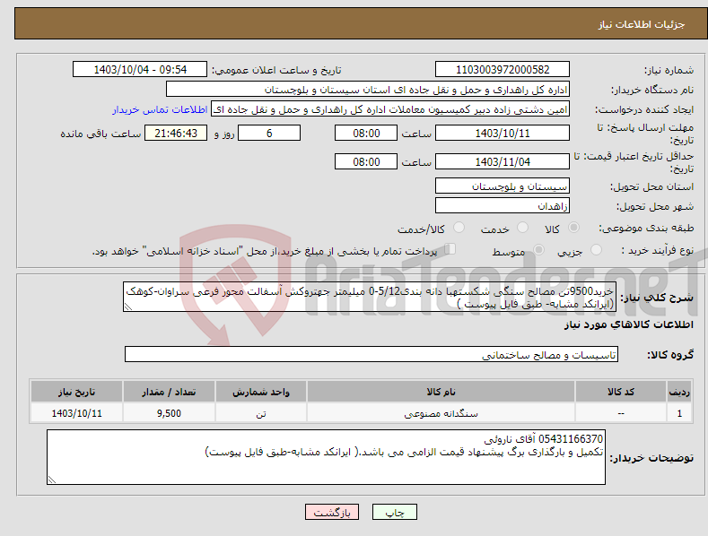 تصویر کوچک آگهی نیاز انتخاب تامین کننده-خرید9500تن مصالح سنگی شکستهبا دانه بندی5/12-0 میلیمتر جهتروکش آسفالت محور فرعی سراوان-کوهک (ایرانکد مشابه- طبق فایل پیوست )