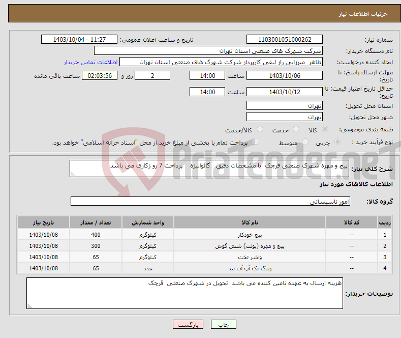 تصویر کوچک آگهی نیاز انتخاب تامین کننده-پیچ و مهره شهرک صنعتی قرچک با مشخصات دقیق گالوانیزه پرداخت 7 رو زکاری می باشد 