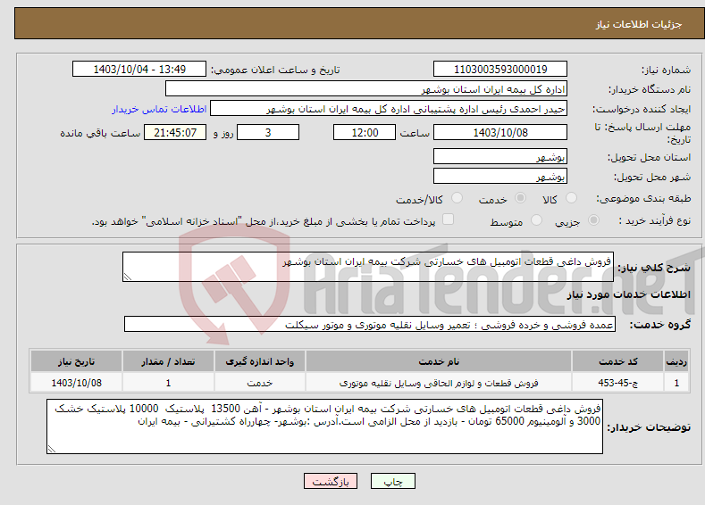 تصویر کوچک آگهی نیاز انتخاب تامین کننده-فروش داغی قطعات اتومبیل های خسارتی شرکت بیمه ایران استان بوشهر