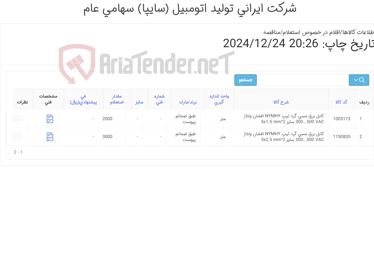 تصویر کوچک آگهی 2آیتم کابل برق طبق ضمائم پیوست/طبق رنگبندی درخواستی