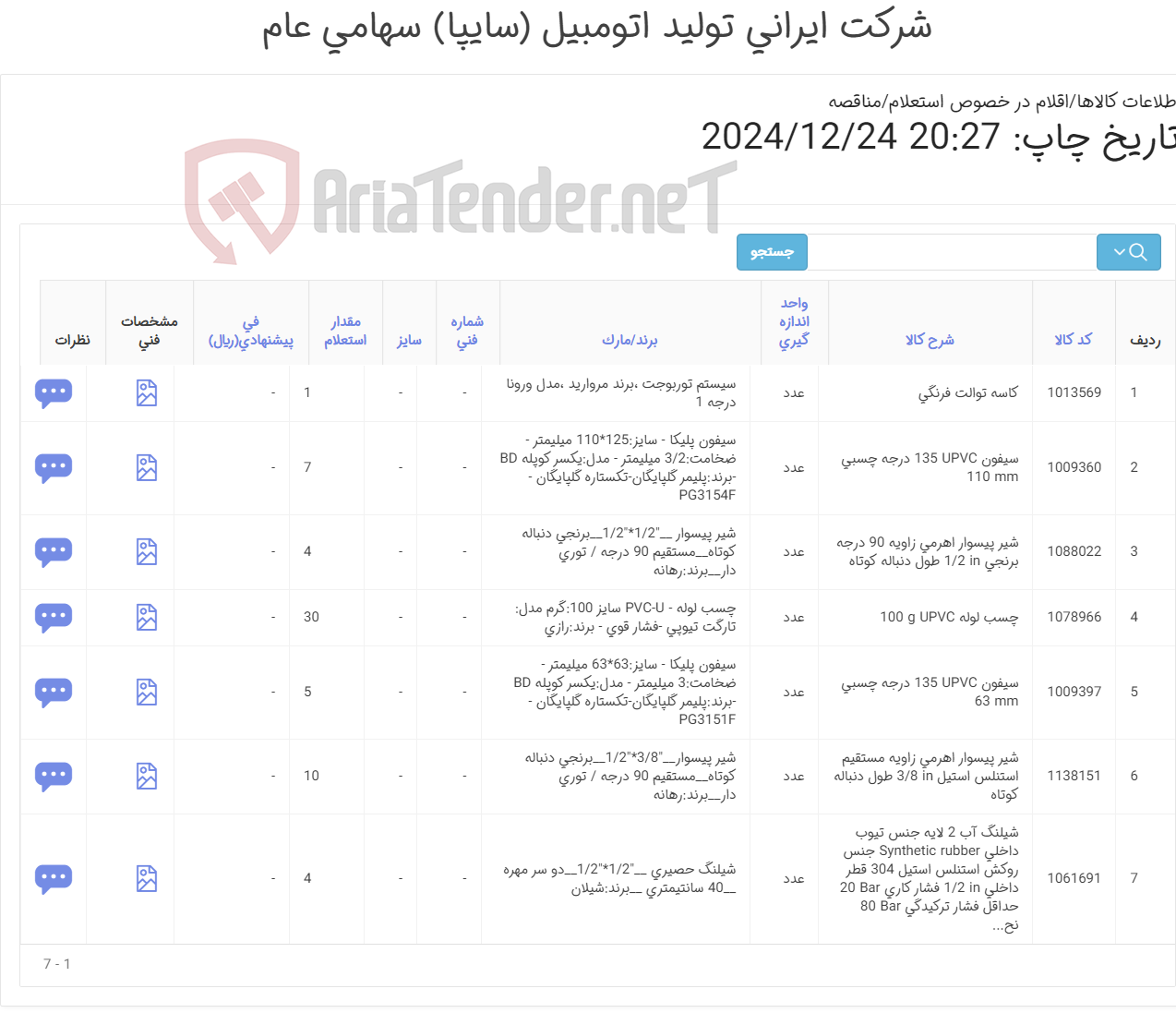 تصویر کوچک آگهی 7 ردیف اقلام تاسیساتی