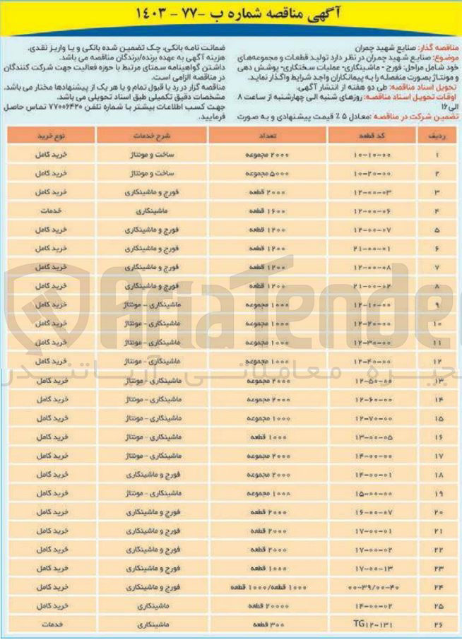تصویر کوچک آگهی  تولید قطعات و مجموعه های خود شامل مراحل : فورج - ماشینکاری - عملیات سختکاری - پوشش دهی  و مونتاژ بصورت منفصله در 26 ردیف