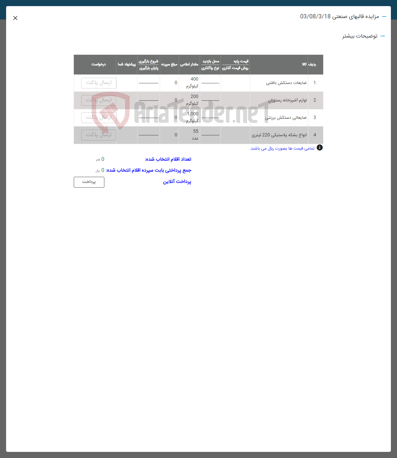 تصویر کوچک آگهی فوش اقلام در 4 ردیف : ضایعات دستکش بافتنی -لوازم آشپزخانه رستوران- ضایعات دستکش برزنتی -انواع بشکه پلاستیکی 220 لیتری