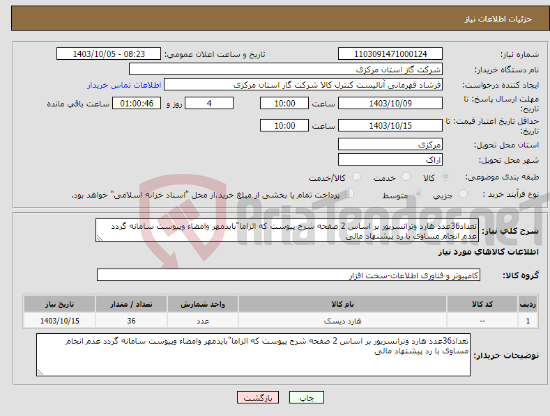 تصویر کوچک آگهی نیاز انتخاب تامین کننده-تعداد36عدد هارد وترانسریور بر اساس 2 صفحه شرح پیوست که الزاما"بایدمهر وامضاء وپیوست سامانه گردد عدم انجام مساوی با رد پیشنهاد مالی 