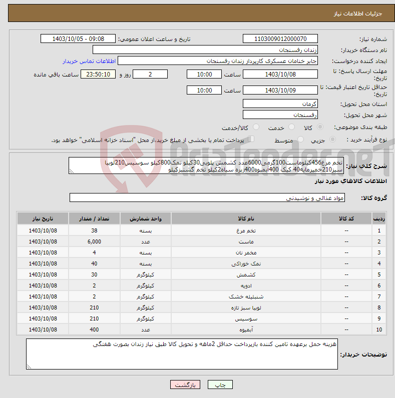 تصویر کوچک آگهی نیاز انتخاب تامین کننده-تخم مرغ456کیلوماست100گرمی6000عدد کشمش پلویی30کیلو نمک800کیلو سوسیس210لوبیا سبز210خمیرمایه40 کیک 400آبمیوه400زیره سیاه2کیلو تخم گشنیزکیلو