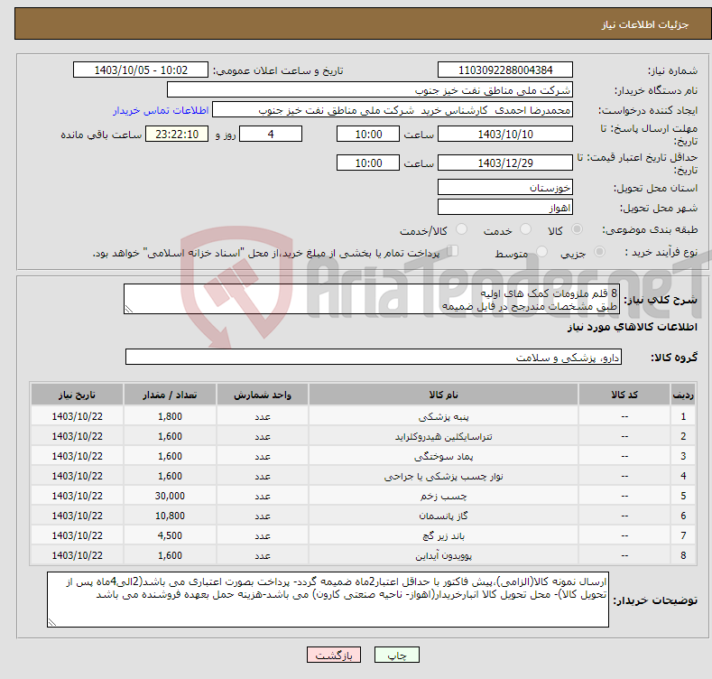 تصویر کوچک آگهی نیاز انتخاب تامین کننده-8 قلم ملزومات کمک های اولیه طبق مشخصات مندرجح در فایل ضمیمه