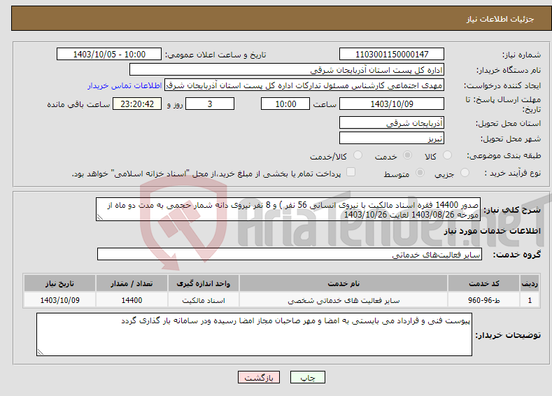 تصویر کوچک آگهی نیاز انتخاب تامین کننده-صدور 14400 فقره اسناد مالکیت با نیروی انسانی 56 نفر ) و 8 نفر نیروی دانه شمار حجمی به مدت دو ماه از مورخه 1403/08/26 لغایت 1403/10/26