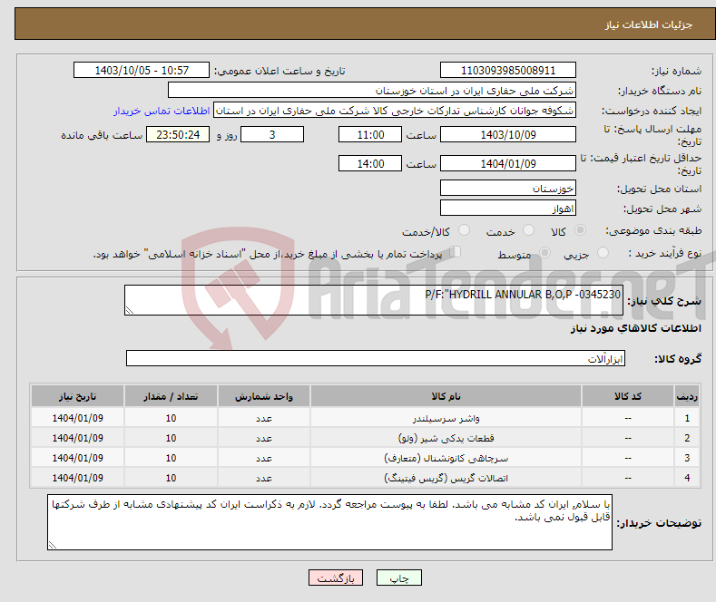 تصویر کوچک آگهی نیاز انتخاب تامین کننده-P/F:"HYDRILL ANNULAR B,O,P -0345230