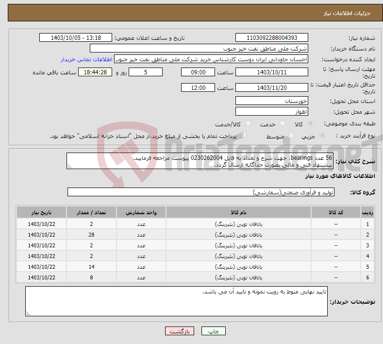 تصویر کوچک آگهی نیاز انتخاب تامین کننده-56 عدد bearings، جهت شرح و تعداد به فایل 0230262004 پیوست مراجعه فرمایید. پیشنهاد فنی و مالی بصورت جداگانه ارسال گردد.