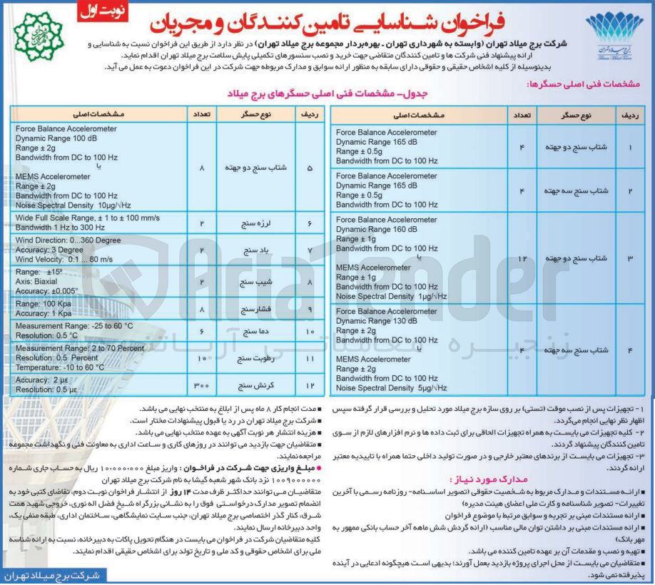 تصویر کوچک آگهی جهت خرید و نصب سنسورهای تکمیلی پایش سلامت برج میلاد تهران در 12 ردیف