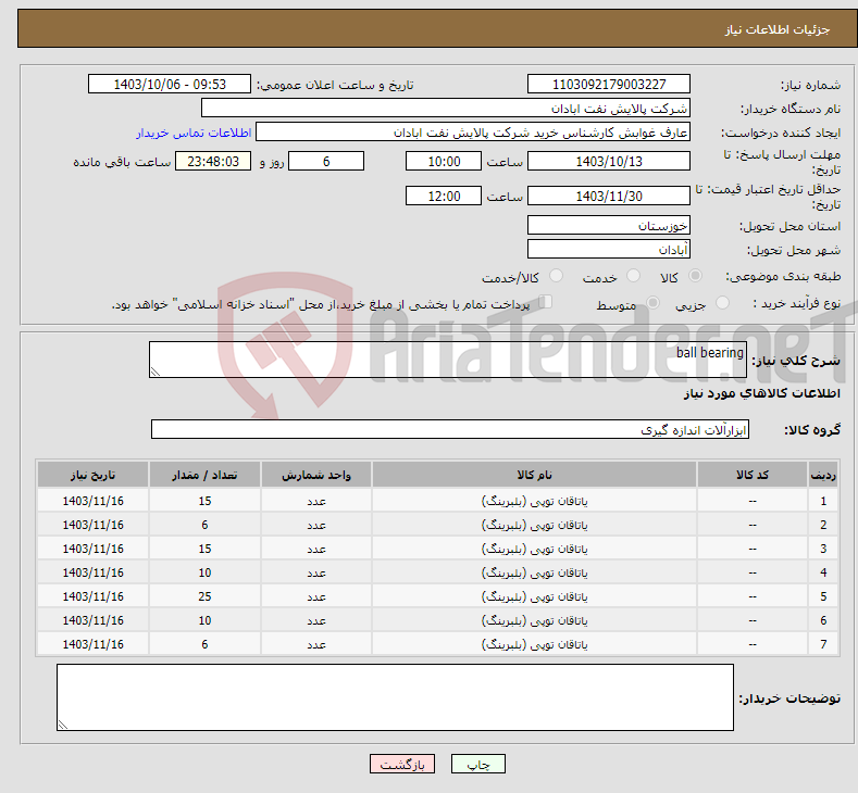 تصویر کوچک آگهی نیاز انتخاب تامین کننده-ball bearing 