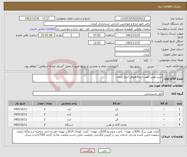 تصویر کوچک آگهی نیاز انتخاب تامین کننده-خرید هیتر جهت اردوگاههای اتباع کرمان 
