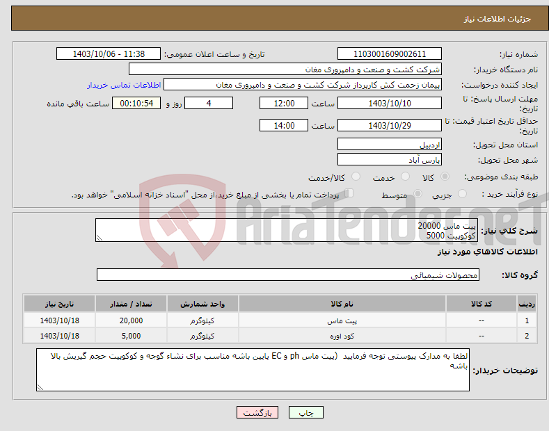 تصویر کوچک آگهی نیاز انتخاب تامین کننده-پیت ماس 20000 کوکوپیت 5000