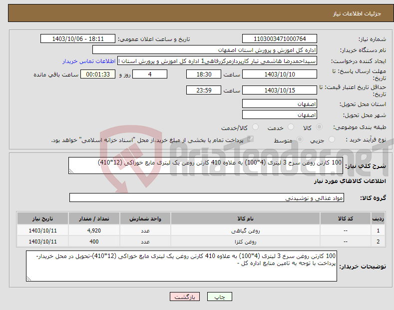 تصویر کوچک آگهی نیاز انتخاب تامین کننده-100 کارتن روغن سرخ 3 لیتری (4*100) به علاوه 410 کارتن روغن یک لیتری مایع خوراکی (12*410)