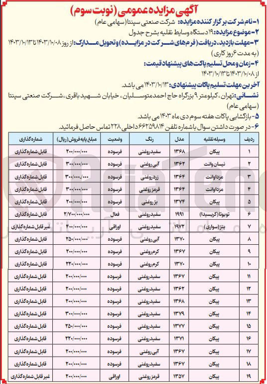 تصویر کوچک آگهی فروش 19 دستگاه وسائط نقلیه شامل :پیکان ،نیسان وانت ،بنز سواری ،تویوتا و...