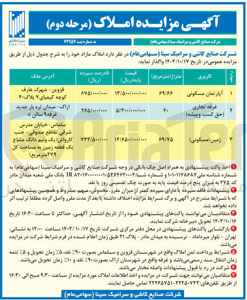تصویر کوچک آگهی واگذاری املاک مازاد در 3ردیف باکاربری مسکونی ،تجاری 