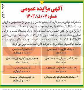 تصویر کوچک آگهی فروش اقلام : 1- بشکه فلزی ۲۲۰ مستعمل 9000 عدد 2- بشکه پلاستیکی ۲۲۰ مستعمل: 1000 عدد 3- پالت و جعبه چوبی مستعمل: ۵۰۰۰ عدد 4- بشکه پلاستیکی کوچک ضایعاتی ۱۰۰۰ عدد 5- لاستیک مستعمل : 10,000 عدد 6- جعبه چهارگوش فلزی مستعمل : 10,000 عدد 7- ضایعات چوب ۷۰,۰۰۰ کیلوگرم 8- گونی ضایعاتی پوسیده ۵۰,۰۰۰ کیلوگرم