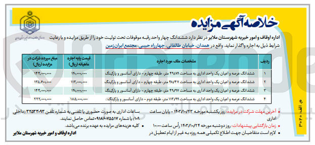 تصویر کوچک آگهی واگذاری ششدانگ چهارواحد رقبه موقوفات تحت تولیت 