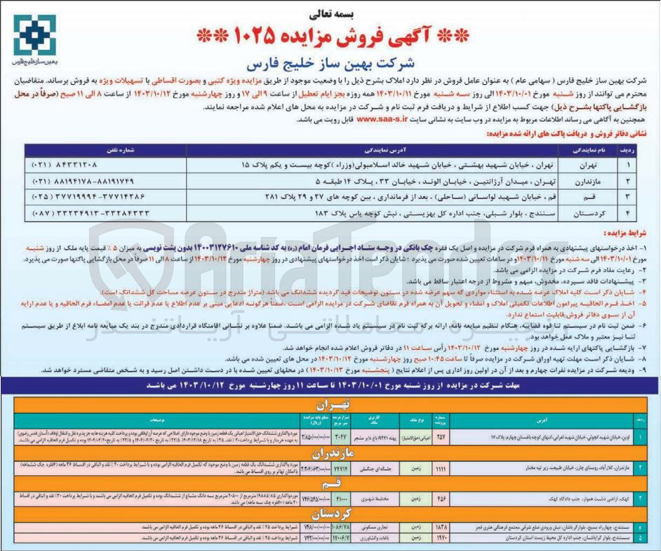 تصویر کوچک آگهی فروش املاک در 5 ردیف در استان های تهران، مازندران، قم، کردستان و با کاربری های مسکونی، تجاری، مختلط شهری، جنگلی، باغات و کشاورزی