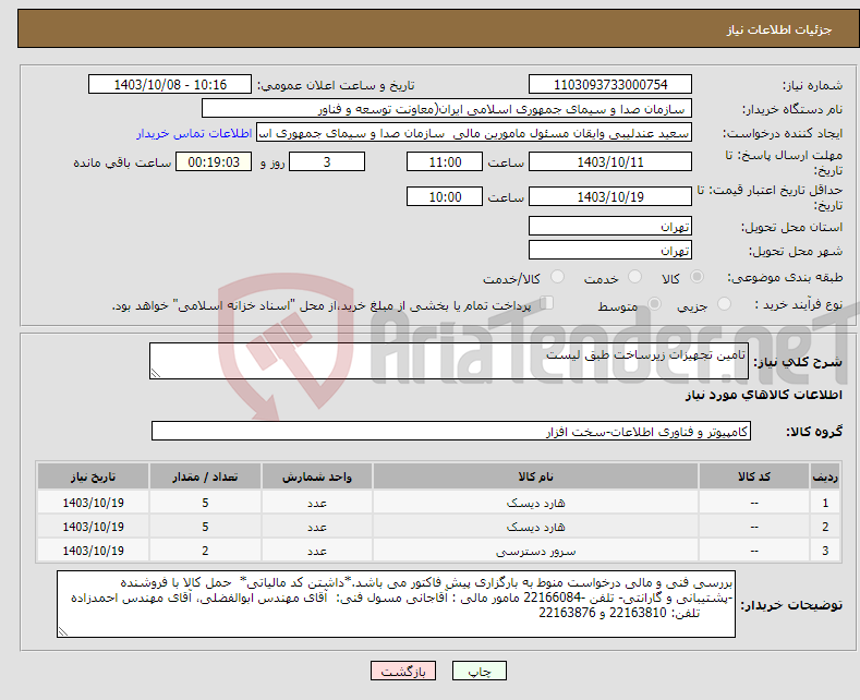 تصویر کوچک آگهی نیاز انتخاب تامین کننده-تامین تجهیزات زیرساخت طبق لیست