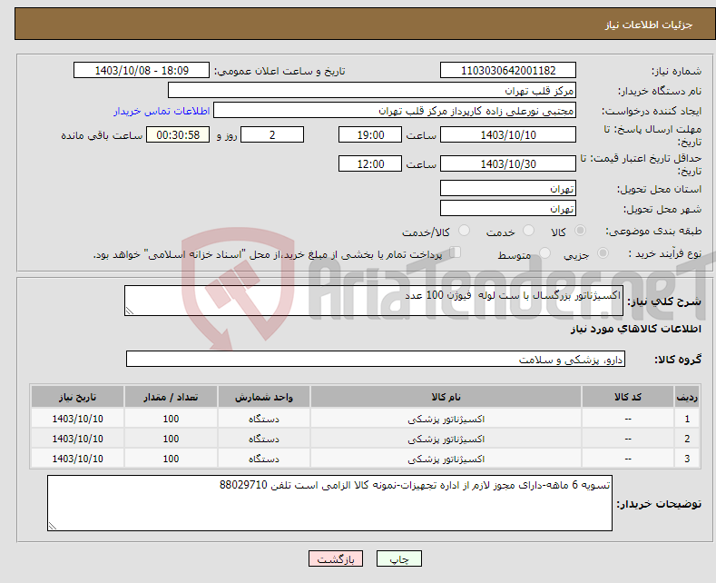 تصویر کوچک آگهی نیاز انتخاب تامین کننده-اکسیژناتور بزرگسال با ست لوله فیوژن 100 عدد