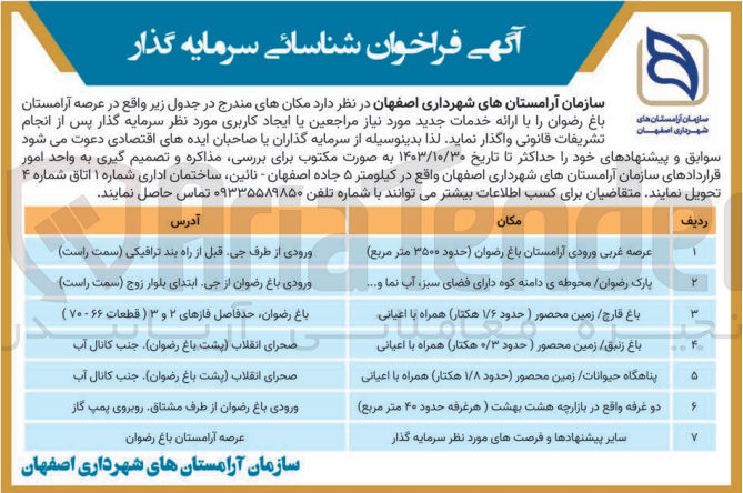تصویر کوچک آگهی شناسائی سرمایه گذار دو غرفه واقع در بازارچه هشت بهشت (هر غرفه حدود ۴۰ متر مربع)
