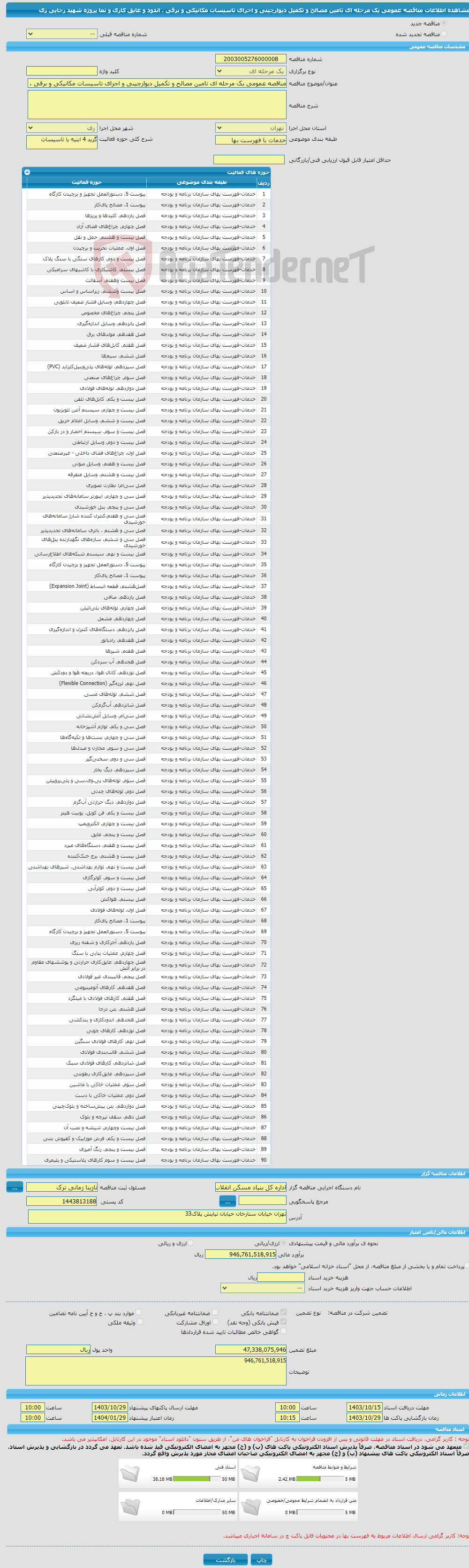 تصویر کوچک آگهی مناقصه عمومی یک مرحله ای تامین مصالح و تکمیل دیوارچینی و اجرای تاسیسات مکانیکی و برقی ، اندود و عایق کاری و نما پروژه شهید رجایی ری