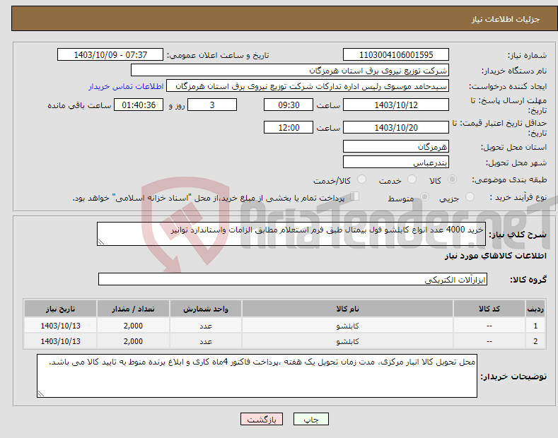 تصویر کوچک آگهی نیاز انتخاب تامین کننده-خرید 4000 عدد انواع کابلشو فول بیمتال طبق فرم استعلام مطابق الزامات واستاندارد توانیر 