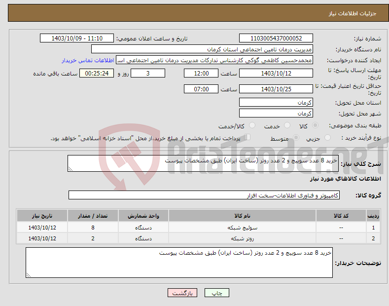 تصویر کوچک آگهی نیاز انتخاب تامین کننده-خرید 8 عدد سوییچ و 2 عدد روتر (ساخت ایران) طبق مشخصات پیوست