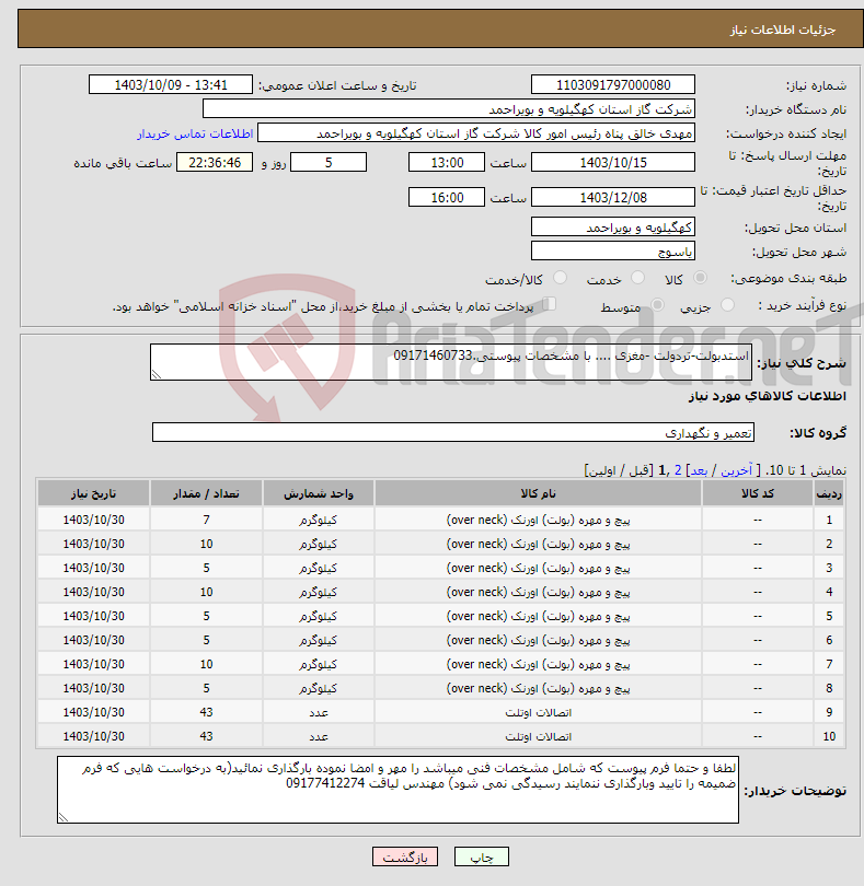 تصویر کوچک آگهی نیاز انتخاب تامین کننده-استدبولت-تردولت -مغزی .... با مشخصات پیوستی.09171460733