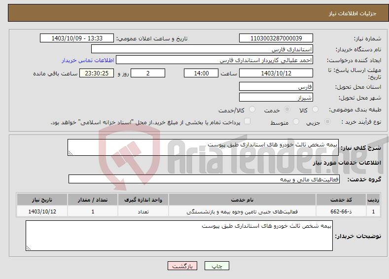 تصویر کوچک آگهی نیاز انتخاب تامین کننده-بیمه شخص ثالث خودرو های استانداری طبق پیوست